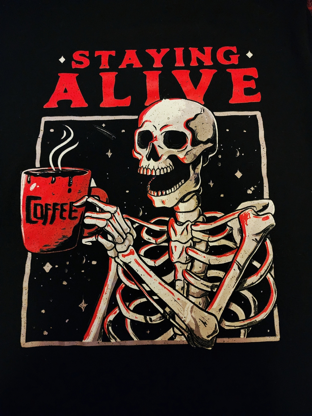 OOAK Staying Alive Skeleton Coffee Graphic Tee - Black & Red Flannel Plaid